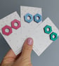 Open Hexagon Stud earrings in colourful painted wood - Image 3