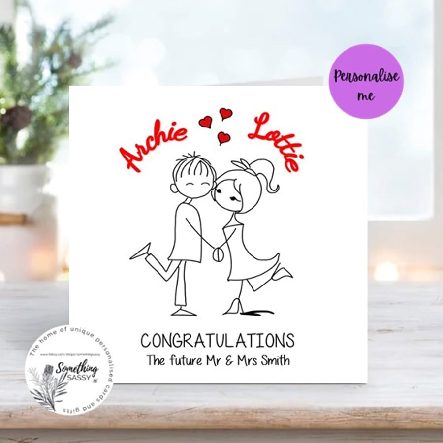 Hand Drawn Couple with names Personalised Engagement and Congratulations card