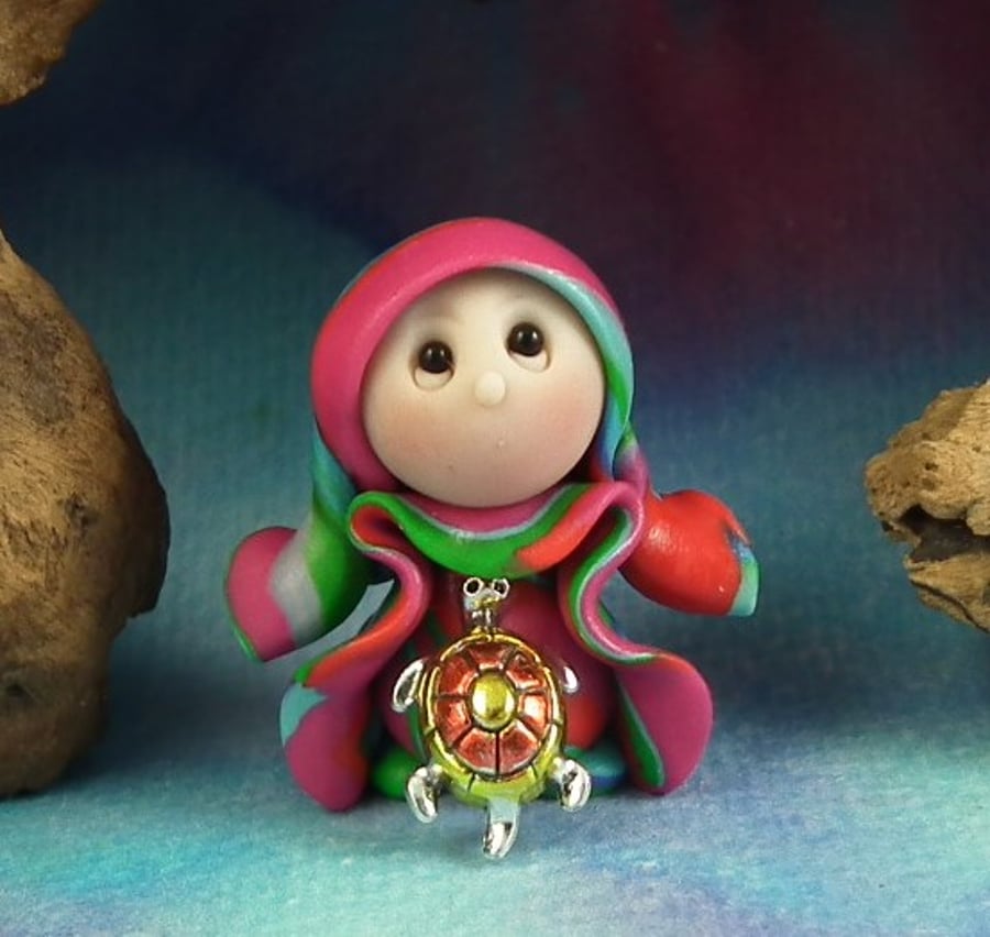 Spring Sale ... Tiny Magical Gnome 'Rudi' with turtle  OOAK Sculpt