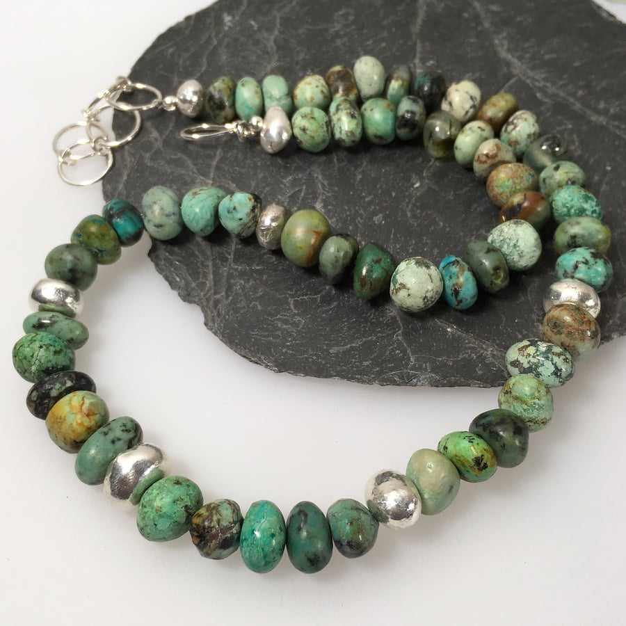 African turquoise and silver pebble necklace