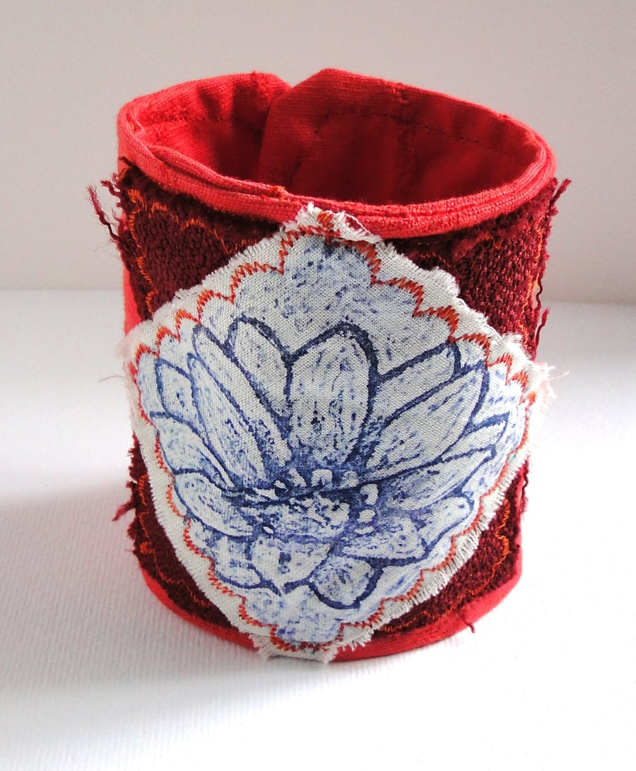 Flower Fabric Cuff Hand Printed Wearable Artwork Bracelet Orange