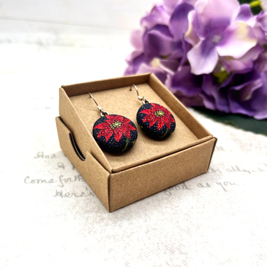 Christmas Poinsettia Drop Earrings - Festive Red Flower Holiday Jewellery