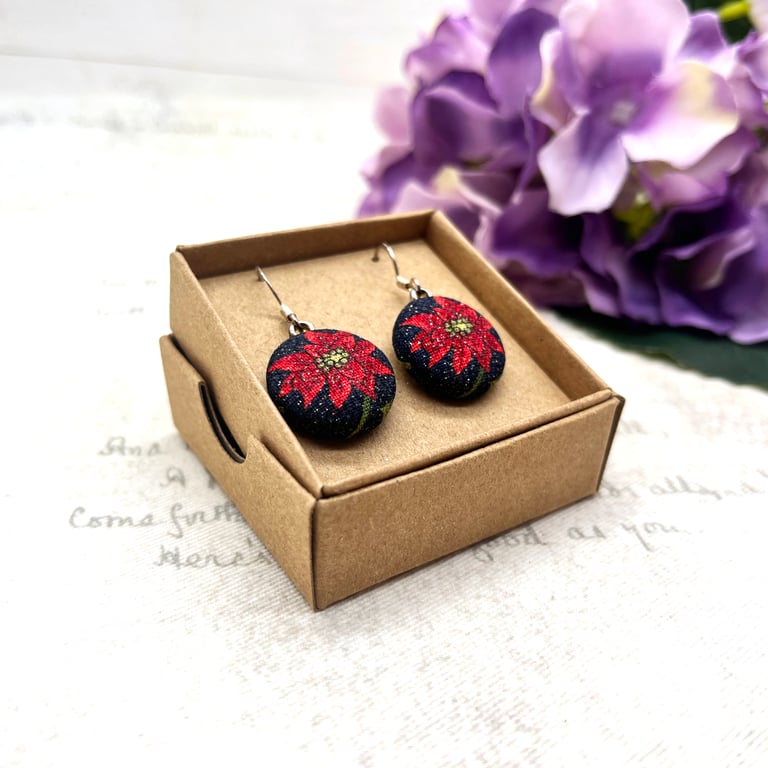 Christmas Poinsettia Drop Earrings - Festive Red Flower Holiday Jewellery