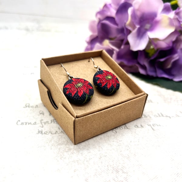 Christmas Poinsettia Drop Earrings - Festive Red Flower Holiday Jewellery