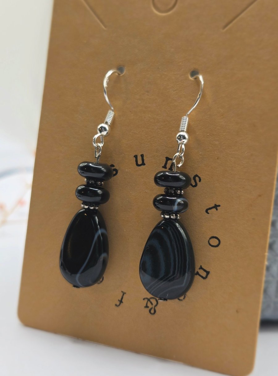 Sterling Silver Banded Black Agate Teardrop Earrings, Elegant Gothic Gemstones