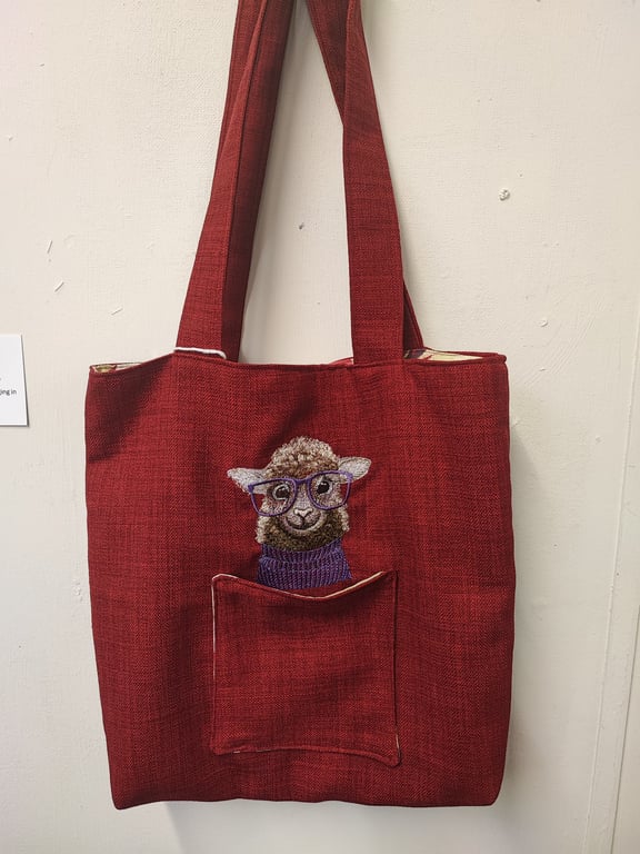 Tote Bag, deep red, burgundy colour with sheep embroidery