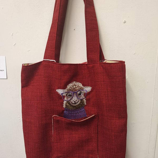Tote Bag, deep red, burgundy colour with sheep embroidery