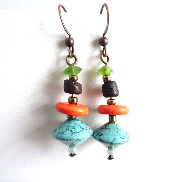 Turquoise, orange, brown and green African inspired bead drop dangle earrings