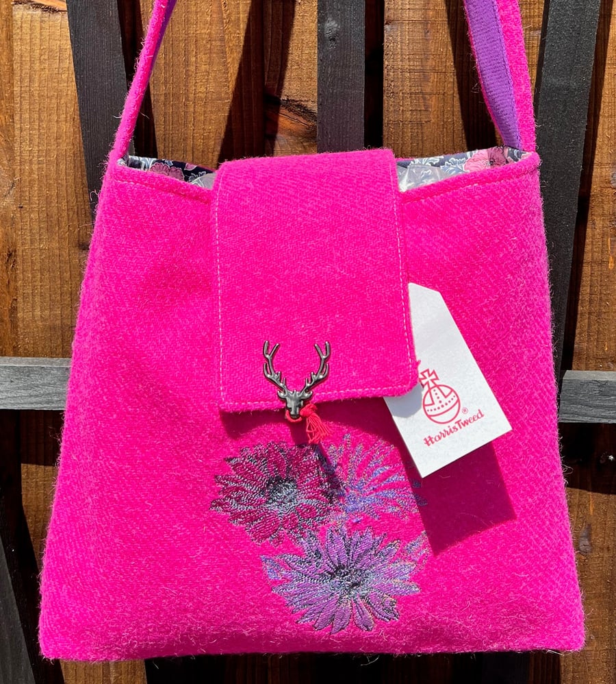 The Daisy Bag - Cerise Pink Harris Tweed Embroidered Shoulder or Crossbody Bag -