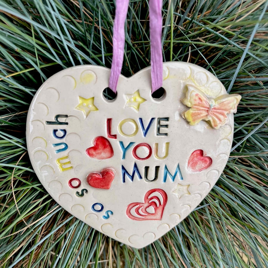 Ceramic Heart Hanging - Love You Mum - Pottery Heart