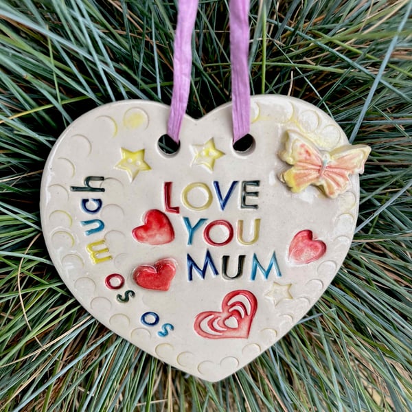 Ceramic Heart Hanging - Love You Mum - Pottery Heart