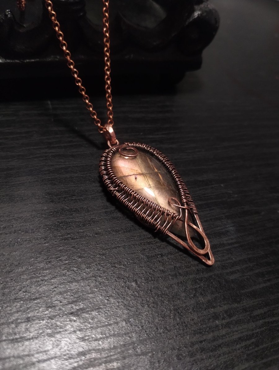 Pink Labradorite Copper Gothic Pendant, WireWrap Gemstone Goth Necklace