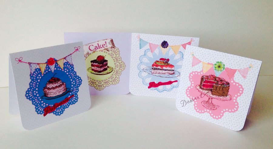 Handmade Notecards Set of Four,Patisserie,Cake,Dessert Theme.