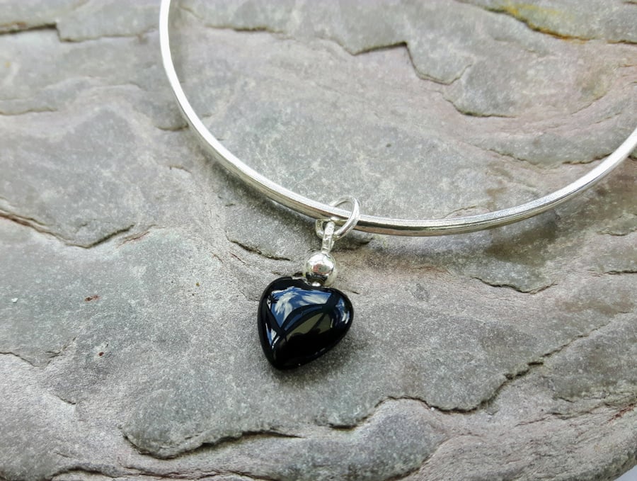 Silver Bangle with Onyx Heart Charm