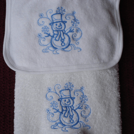 Snowman Hand Towel And Bib Embroidered Set For Xmas (215)