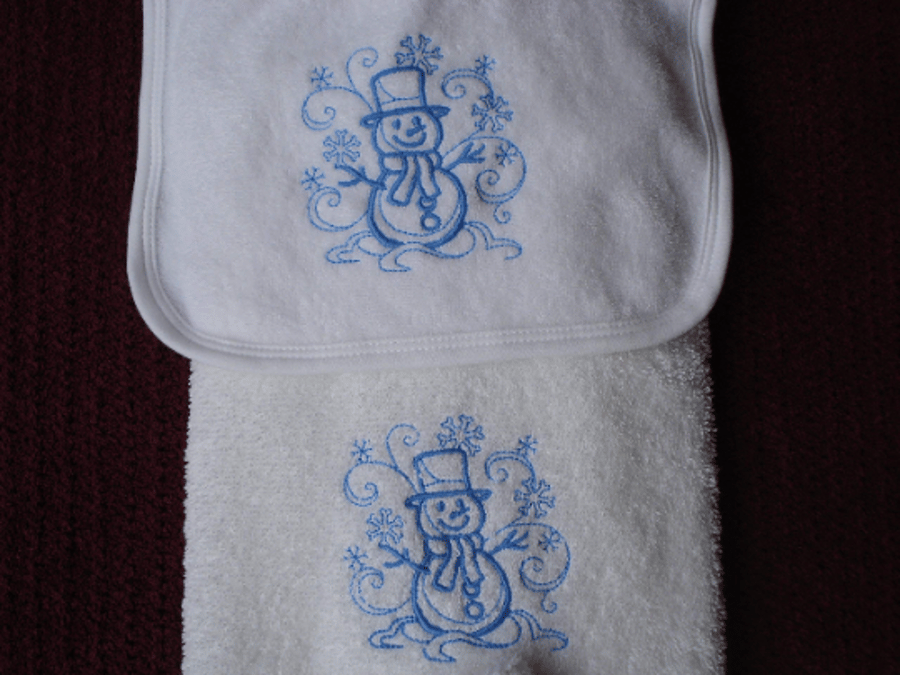 Snowman Hand Towel And Bib Embroidered Set For Xmas (215)