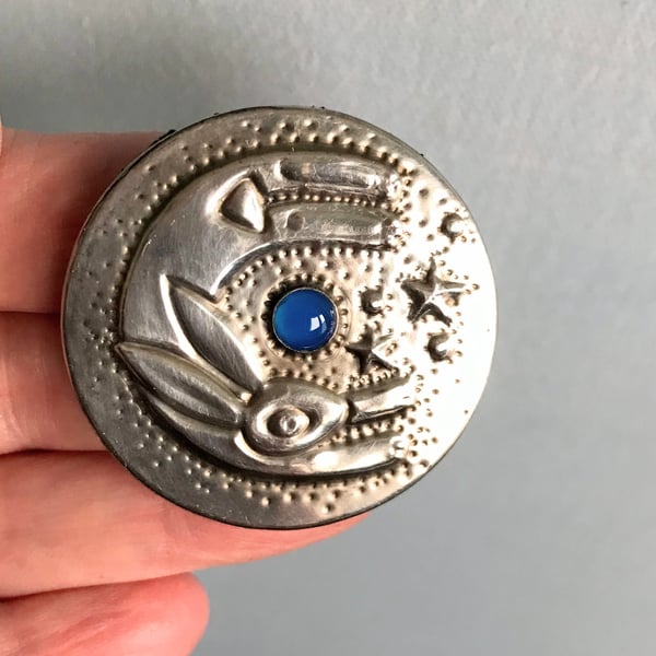 Leaping Hare Silver Pewter Brooch with Blue Onyx Cabochon