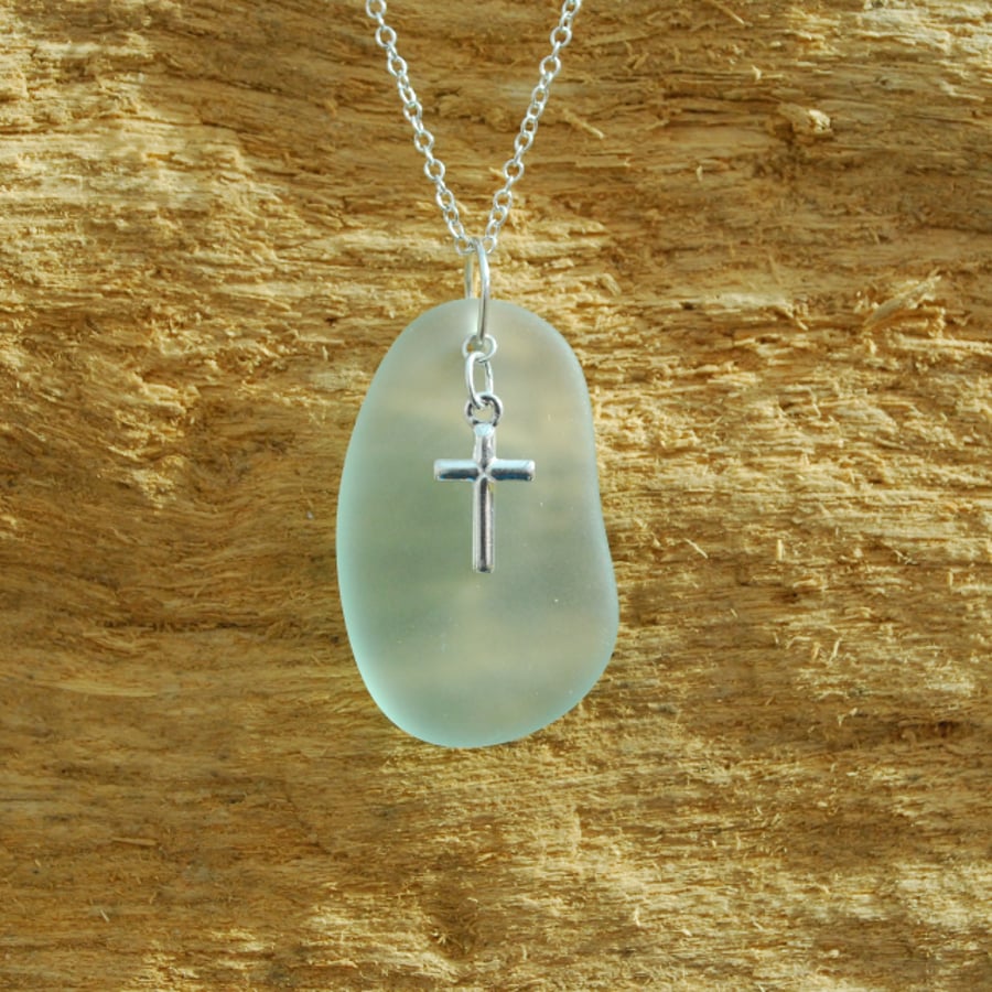 Aquamarine beach glass pendant with silver cross