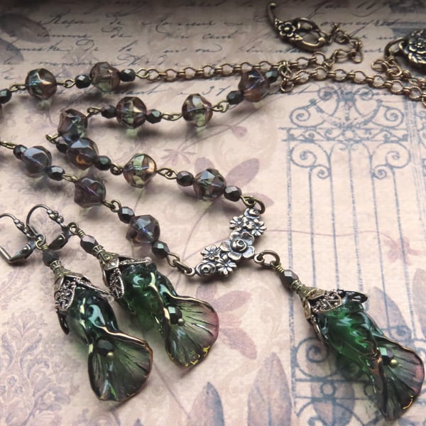 Bottle Green and Bronze Lampwork Boro Glass Flower Necklace and Earrings Set