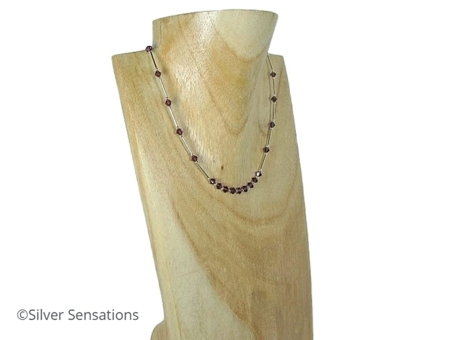 Sterling Silver Tubes Wedding Necklace With Purple Swarovski Crystals