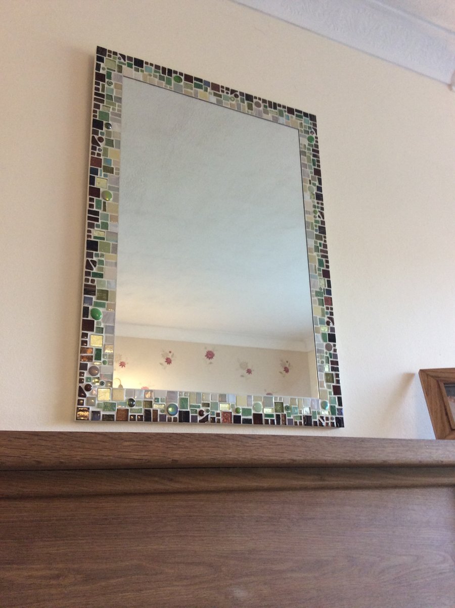 Large Rectangular Mosaic Wall Mirror in shades of Brown, Green & Cream  50x70cm