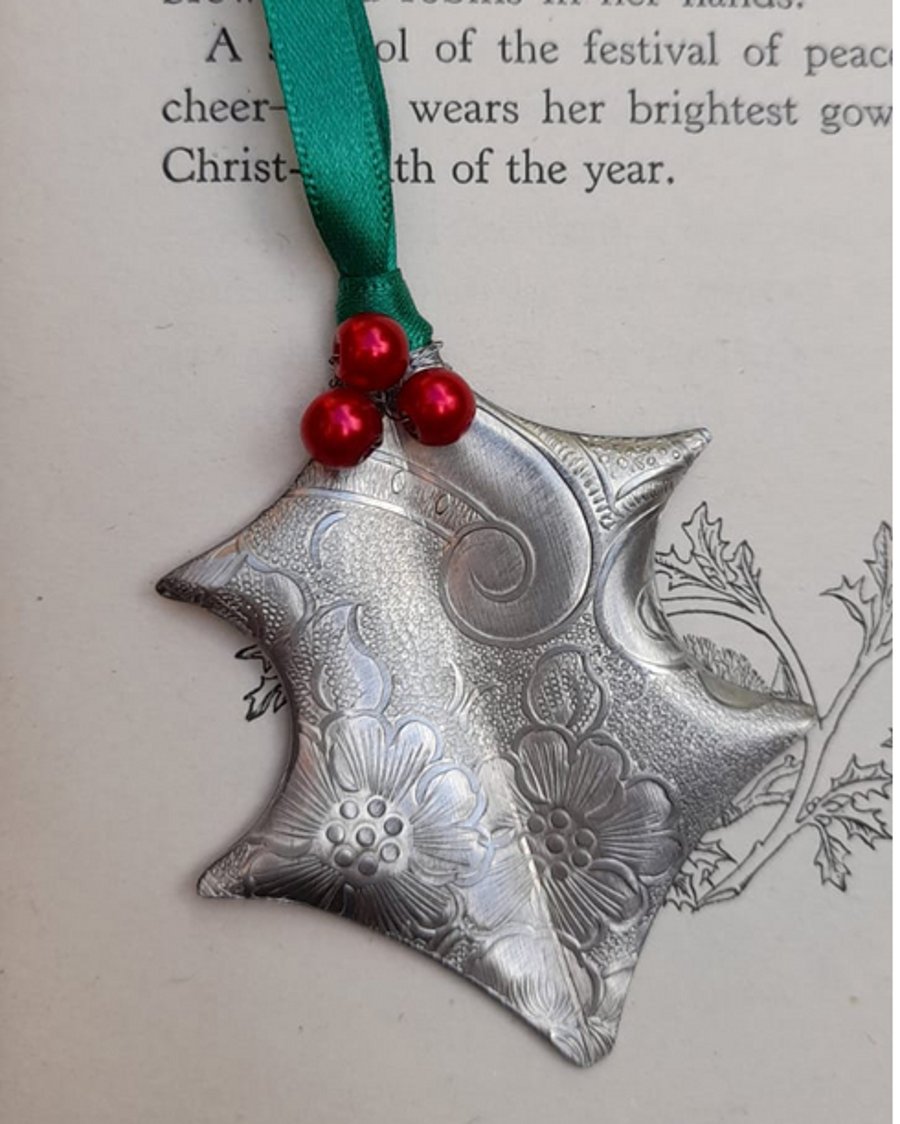 Pewter Holly Christmas Decoration