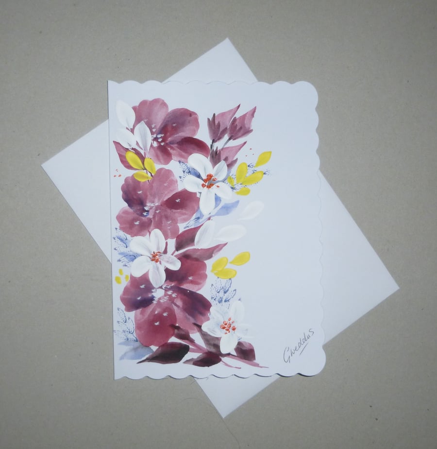 hand painted floral greetings card ( ref FA 193 E4 )