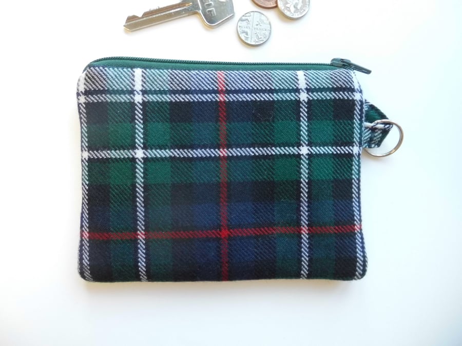 Coin purse Mackenzie Dress Tartan green and blue wool.