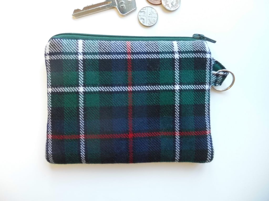 Coin purse Mackenzie Dress Tartan green and blue wool.