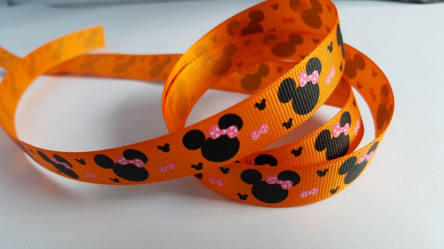 3m Ribbon - Printed Grosgrain - 16mm - Cartoon Mouse - Orange