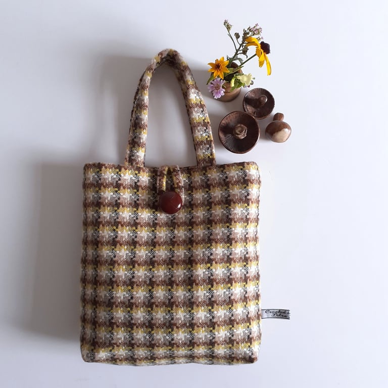   Small winter handbag or bucket bag button and loop brown mustard check wool 