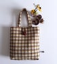   Small winter handbag or bucket bag button and loop brown mustard check wool 