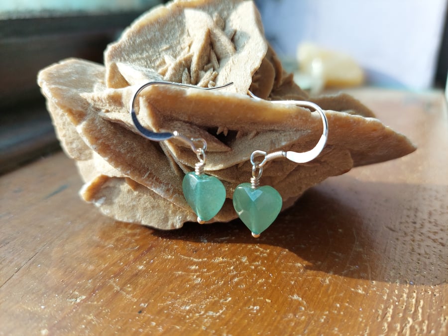 Sterling Silver Facetted Aventurine Heart Earrings