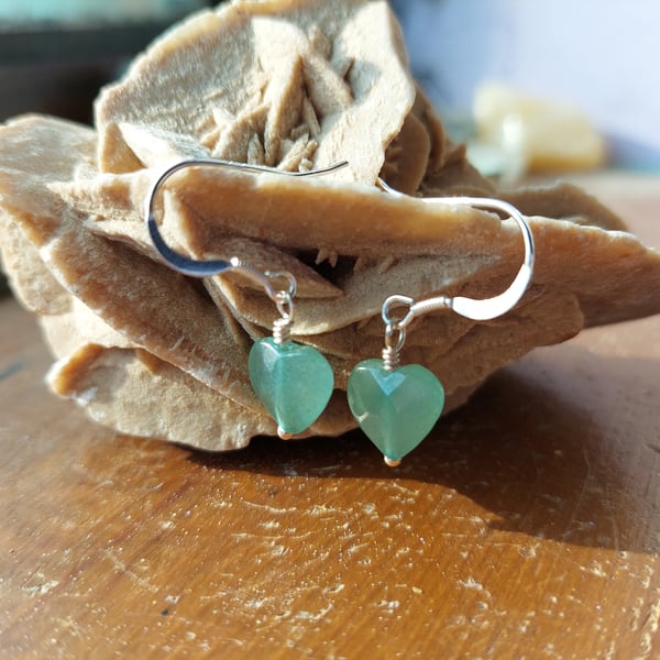 Sterling Silver Facetted Aventurine Heart Earrings