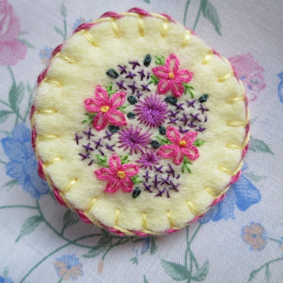 Hand Embroidered Floral Brooch - Primrose Yellow with Pink & Purple Flowers