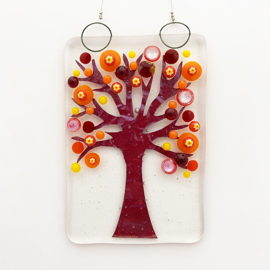 Fused Glass Red Tree Hanging - Handmade Glass Suncatcher