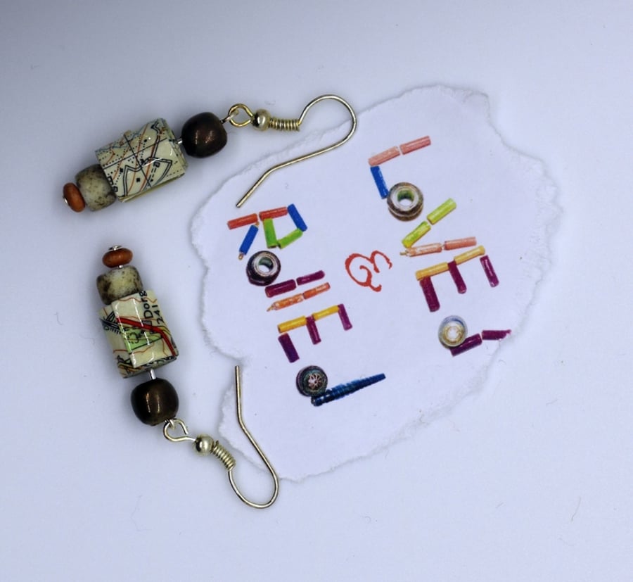 Small dangling earrings made of map paper