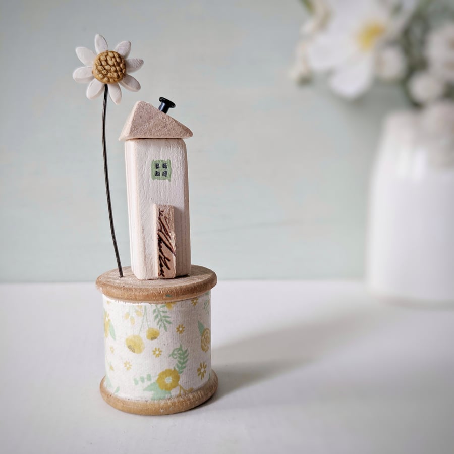 Wooden House on a Vintage Floral Bobbin with Clay Daisy