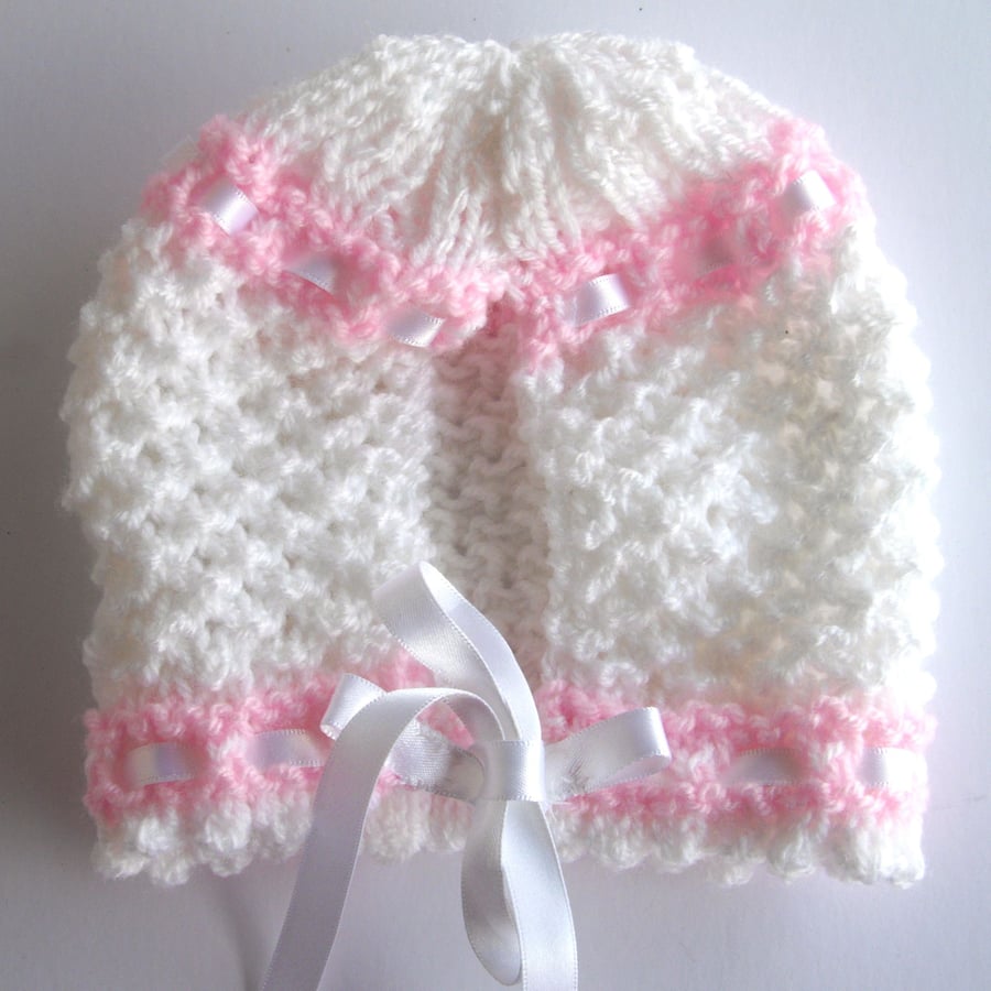 Cute Pink and White Baby Bonnet - UK Free Post