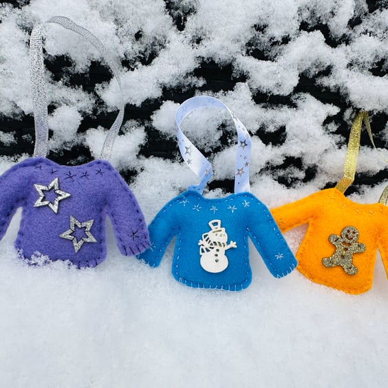 Fun Christmas jumper embroidered hanging tree decorations, baubles. 