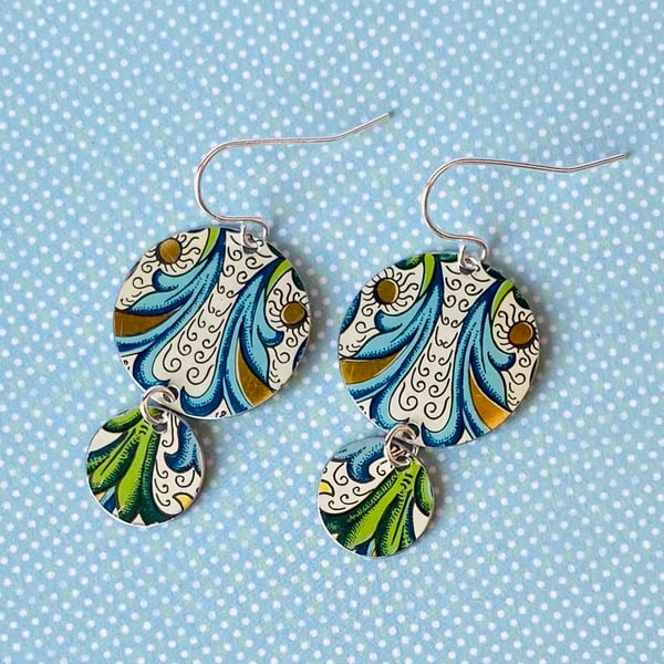 Recycled tin blue & green double circle drop earrings