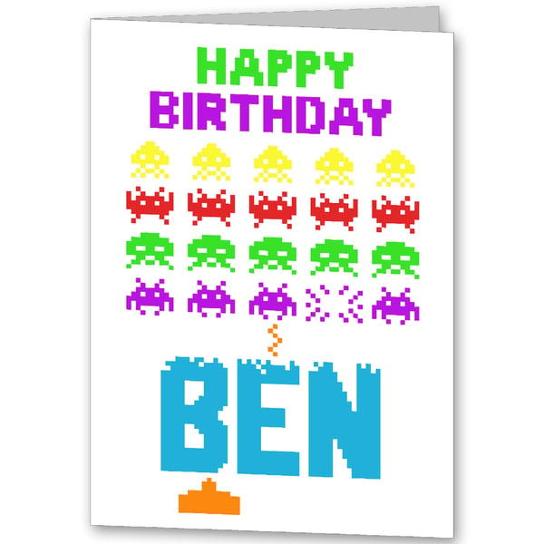 Space Invaders Personalised Birthday Card,  Brother, Dad, Son, Daddy