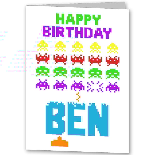 Space Invaders Personalised Birthday Card,  Brother, Dad, Son, Daddy