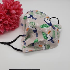 Face mask,  medium, 3 layer,  adjustable, washable in toucan cotton fabric 