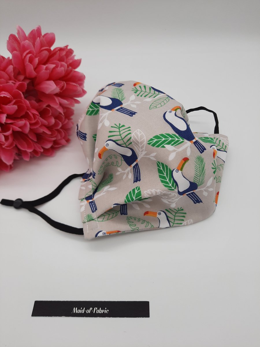 Face mask,  medium, 3 layer,  adjustable, washable in toucan cotton fabric 