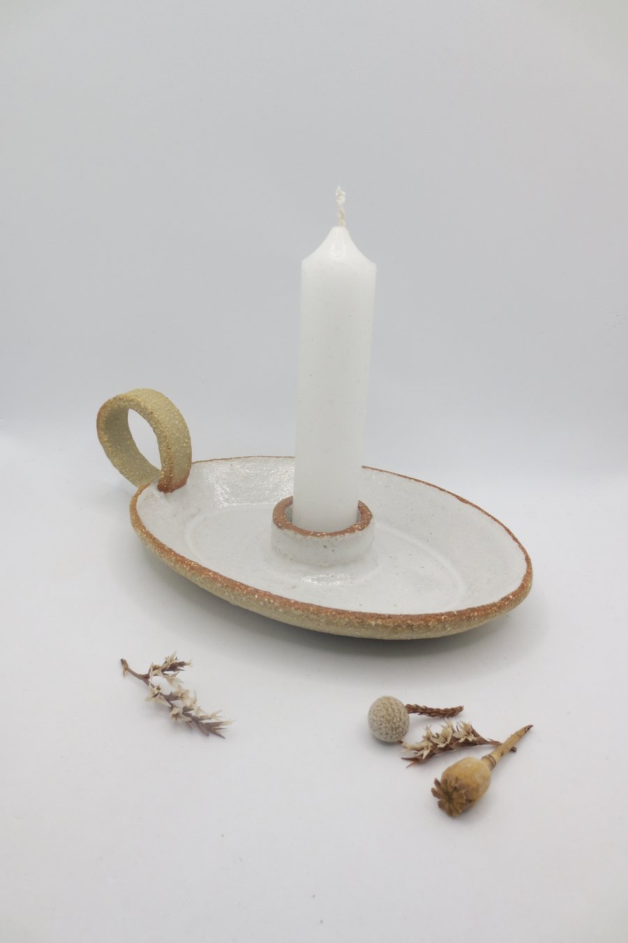 CANDLE HOLDER hand-built stoneware pottery candlestick in shiny white glaze