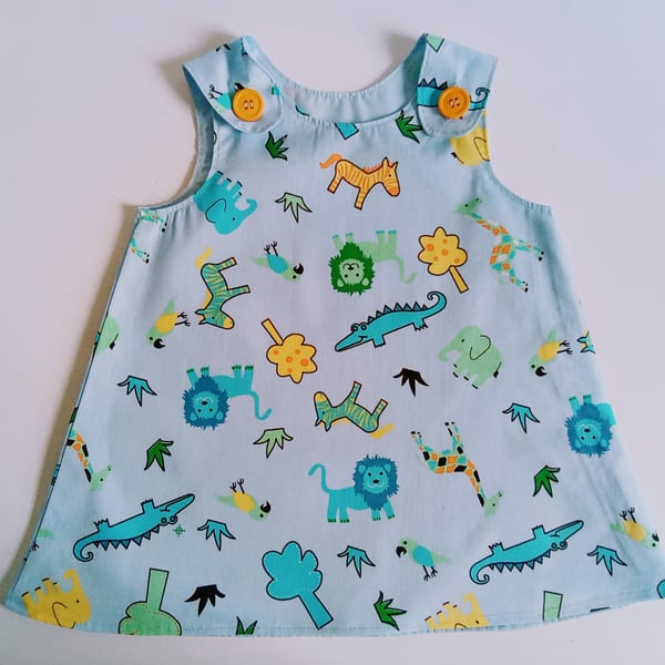 Blue Cotton dress, 6-12 months, Summer dress, A line dress, Jungle animals  