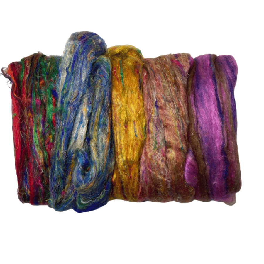 Recycled sari silk fibre bundle in various colours (50g) - Bundle 2