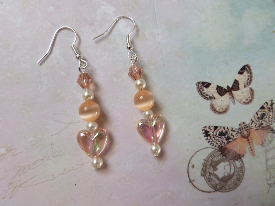 Peach & Ivory Heart Pearl and Crystal Small Drop Dangle Earrings