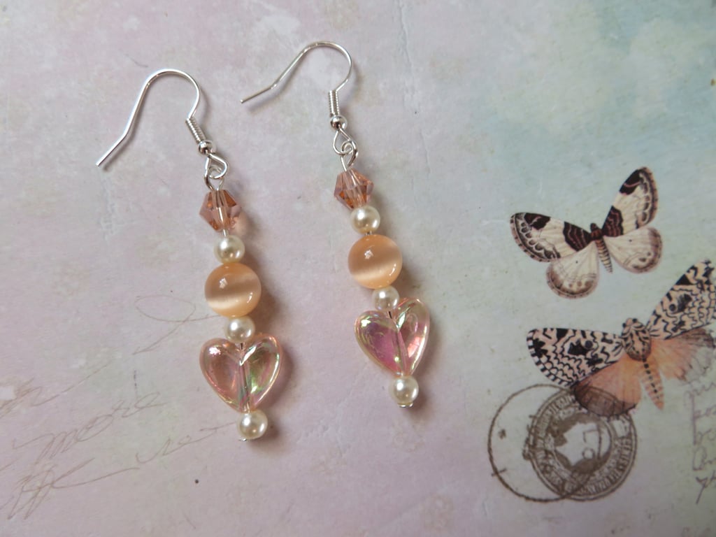 Peach & Ivory Heart Pearl and Crystal Small Drop Dangle Earrings